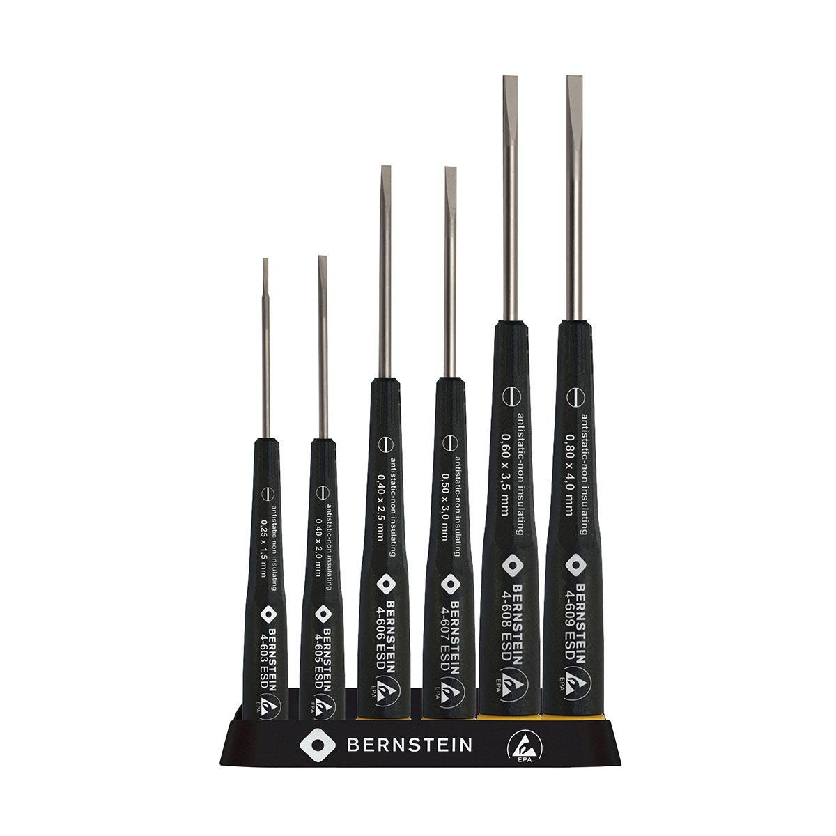 Bernstein 4-610. Набор отвёрток антистатических ESD с вращающейся рукояткой на пластиковом держателе (6 отверток - плоские  1,5, 2,0, 2,5, 3,0, 3,5, 4,0 мм)