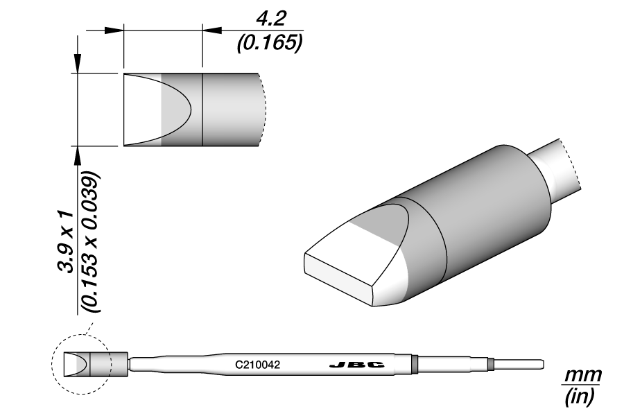Картридж-наконечник лопатка 3,9×1,0 мм для паяльников T210 — JBC C210-042