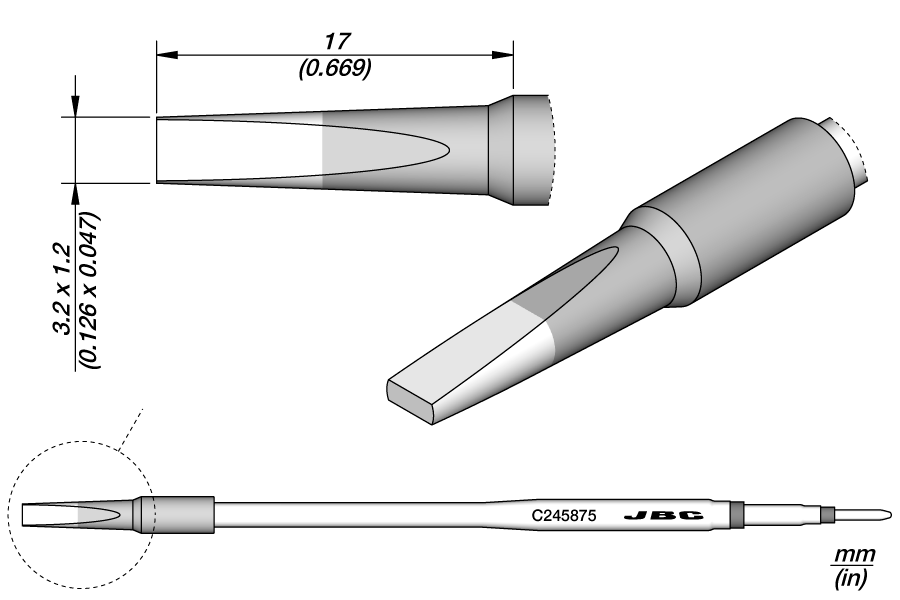 Картридж-наконечник удлинённый лопатка 3,2×1,2 мм для паяльника T245 — JBC C245-875