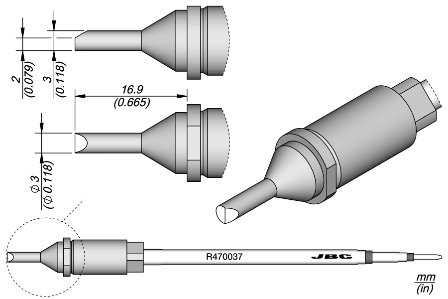 Жало паяльное со скосом Ø 3 мм для TR470/TRA470 - JBC R470-037
