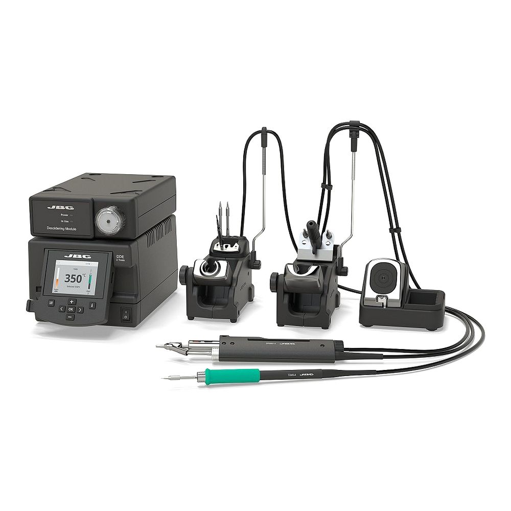 Двухканальная ремонтная станция JBC DDVE-2QC с паяльником T245-A, вакуумным паяльником DR560-A и пневматическим компрессором MVE-A